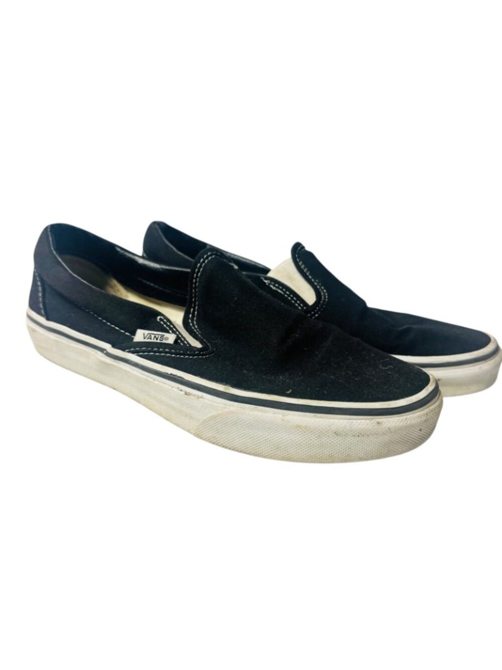 Vans Black Low Top Sneakers Womens 7.5 Mens 6 Canvas White Stitch Slip On Shoes - Picture 6 of 6